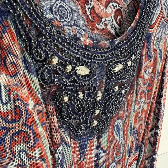 Reba Maxi Dress Mesh Paisley Rhinestone Sleeveless Fit & Flare Ruffle Bo… - Picture 3 of 8